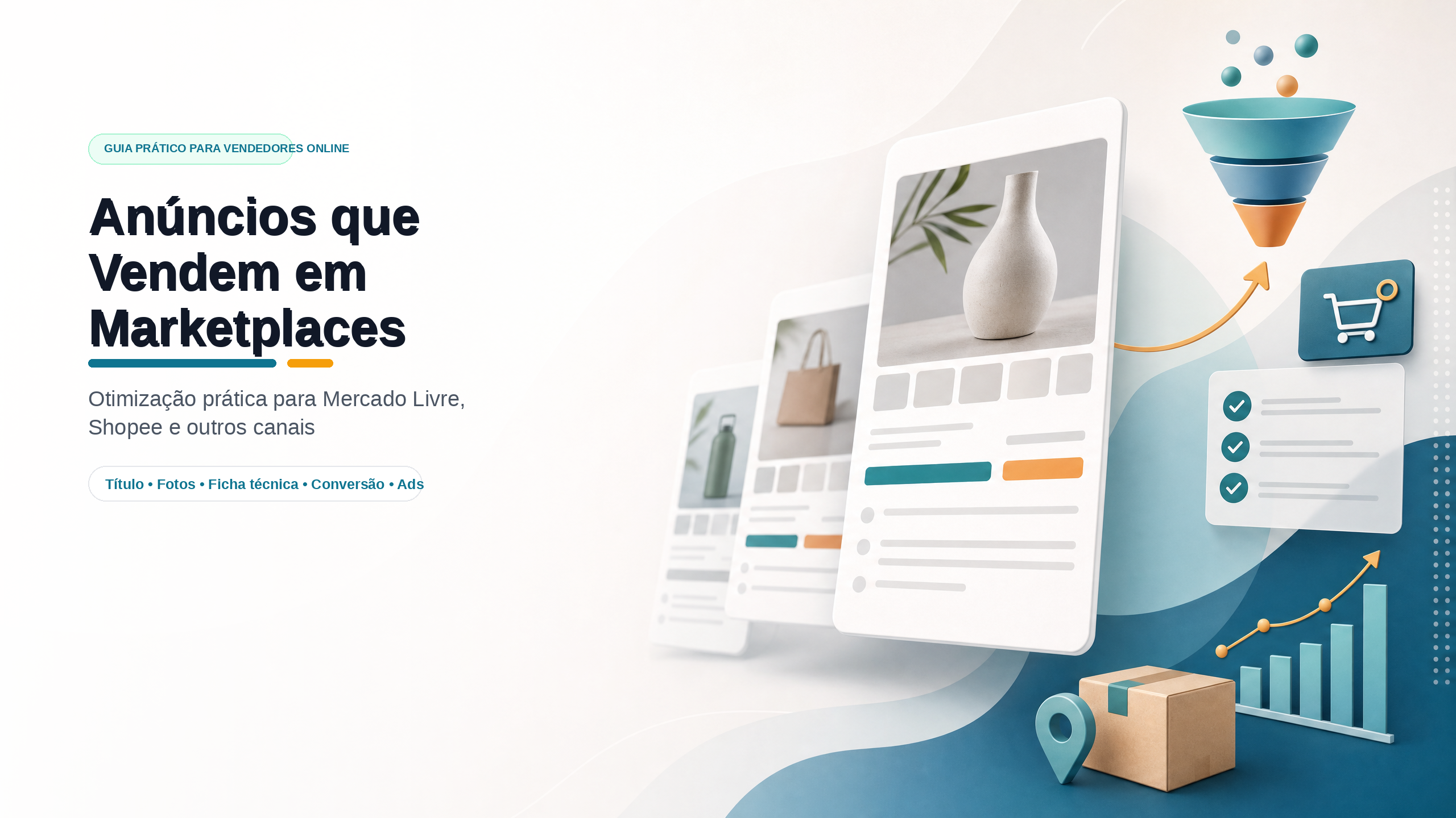 Imagem de capa do artigo “Anúncios que Vendem em Marketplaces”, com ilustração de uma vitrine online, produtos em cards, gráfico de crescimento, ícones de anúncios e logística, representando a otimização de anúncios para vender mais em marketplaces.