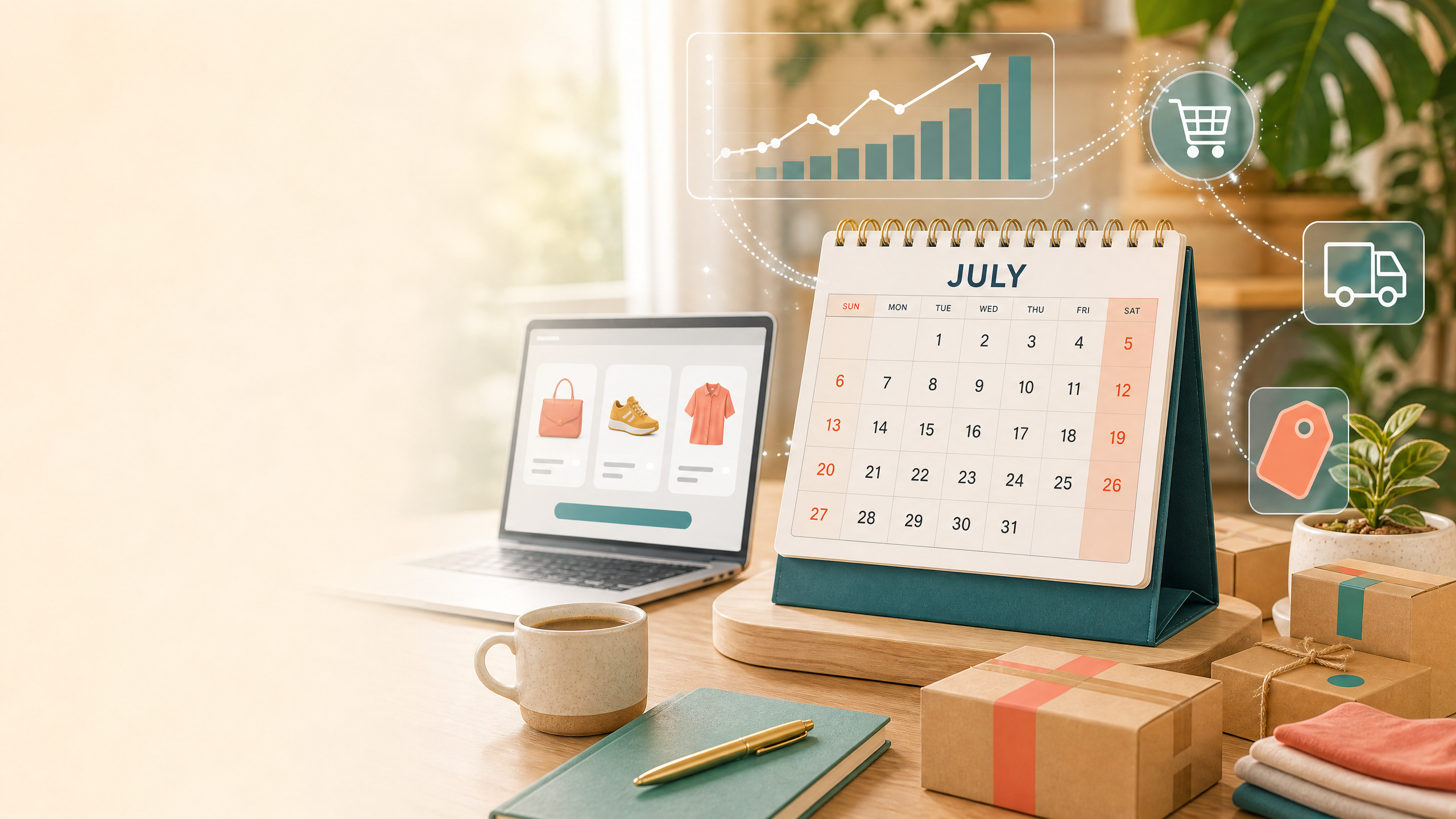 Calendário de julho em destaque sobre uma mesa, cercado por caixas de pedidos, notebook com catálogo de produtos, gráfico de vendas em crescimento e ícones de carrinho, entrega e etiqueta, representando o resumo mensal do e-commerce e dos marketplaces.