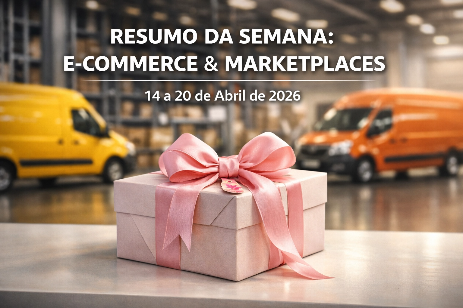 Capa do Resumo da Semana sobre E-commerce e Marketplaces (14 a 20 de abril de 2026). A imagem mostra um fundo de centro logístico com vans de entrega nas cores amarela e laranja, e em primeiro plano um pacote de presente elegante com laço rosa, simbolizando a campanha de Dia das Mães.