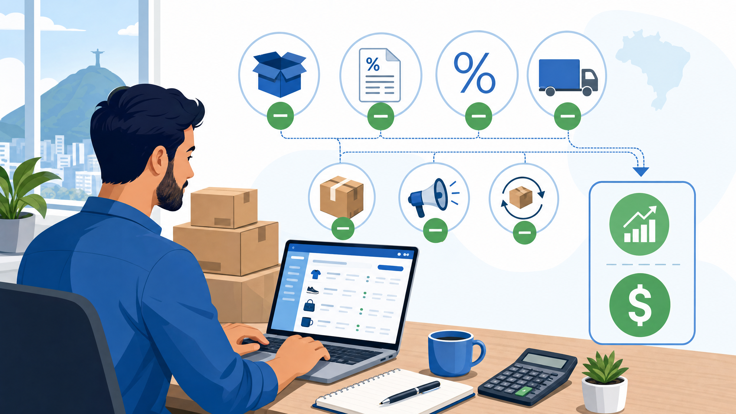 Ilustração editorial de vendedor online calculando custos de marketplace