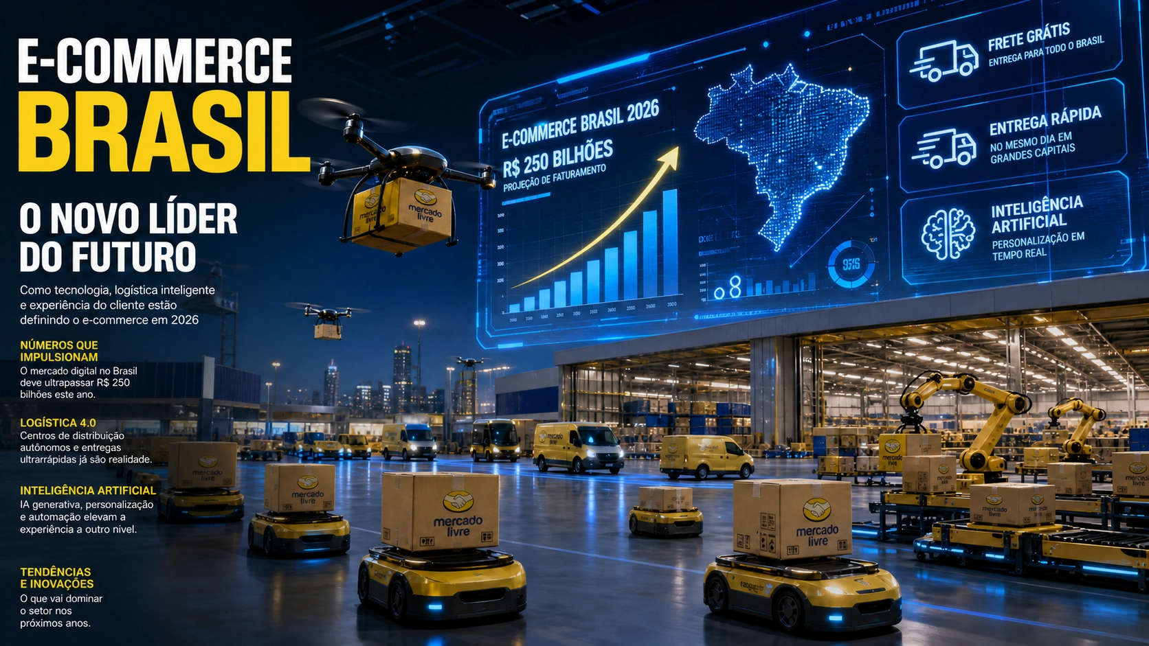 Imagem de capa com estética futurista intitulada 'E-COMMERCE BRASIL: O NOVO LÍDER DO FUTURO'. A cena retrata um centro logístico altamente tecnológico com robôs autônomos e drones transportando encomendas com o logotipo do Mercado Livre.