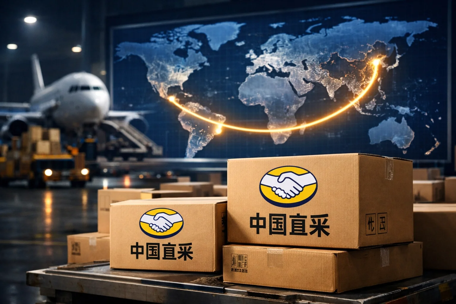 Logística do Mercado Livre conectando China e Brasil com caixas de entrega e avião de carga.