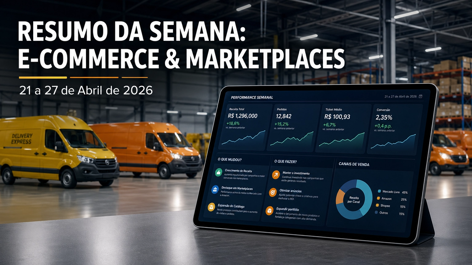 Capa do Resumo da Semana sobre E-commerce e Marketplaces (21 a 27 de abril de 2026). A imagem apresenta um centro logístico com vans de entrega ao fundo e um tablet em primeiro plano exibindo gráficos de desempenho e métricas de vendas, simbolizando análise estratégica e mudanças no mercado.
